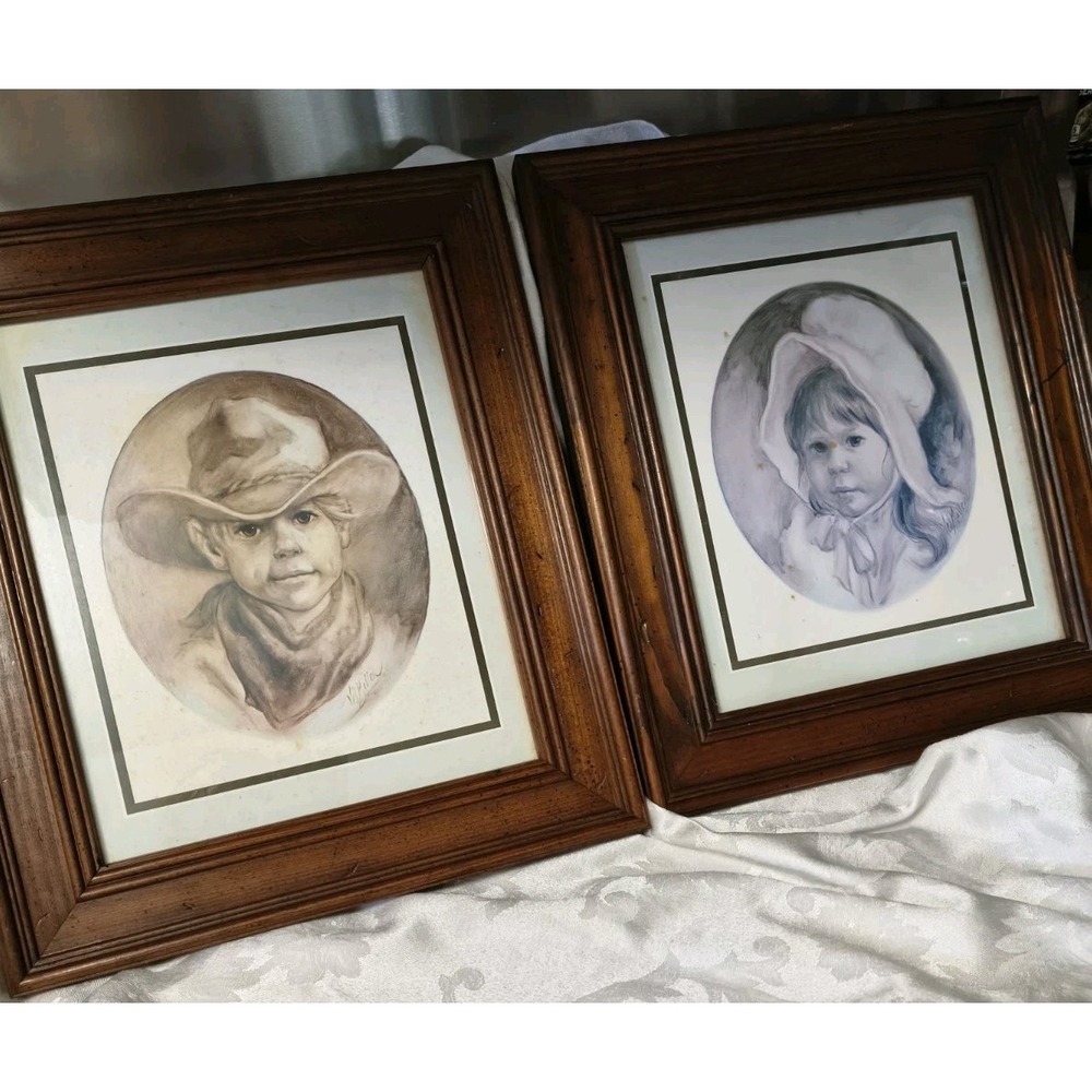 2 Vtg Vel Miller Home Interior Prints Child Cowboy Pioneer Girl 13×5" 15.5" READ